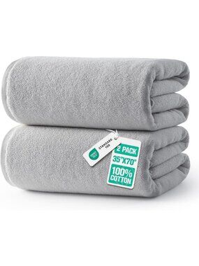 2 Pack Large 100% Cotton Bath Towels - Soft, Absorbent, Light Gray 35x70